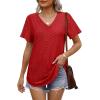 imageOFEEFAN Womens T Shirts V Neck Short Sleeve Casual Tops Loose Fit Basic Tees with Curved HemRed