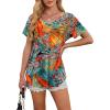imageOFEEFAN Womens T Shirts V Neck Short Sleeve Casual Tops Loose Fit Basic Tees with Curved HemZfloral Leaf