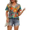 imageOFEEFAN Womens T Shirts V Neck Short Sleeve Casual Tops Loose Fit Basic Tees with Curved HemZfloral Leaf