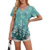 imageOFEEFAN Womens T Shirts V Neck Short Sleeve Casual Tops Loose Fit Basic Tees with Curved HemZfloral Teal
