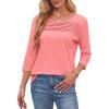 imageOFEEFAN Womens Tops 34 Length Sleeve Blouses Dressy Casual Spring Summer Outfits Pleated Front T Shirts Curved HemCoral