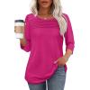 imageOFEEFAN Womens Tops 34 Length Sleeve Blouses Dressy Casual Spring Summer Outfits Pleated Front T Shirts Curved HemFushcia Pink
