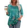 imageOFEEFAN Womens Tops 34 Length Sleeve Blouses Dressy Casual Spring Summer Outfits Pleated Front T Shirts Curved HemZfloral Teal