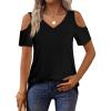 imageOFEEFAN Womens Tops Cold Shoulder Short Sleeve V Neck Tee Shirts Summer Spring Dressy Casual PlainPrintedPlain Black