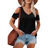 imageOFEEFAN Womens Tops Cold Shoulder Short Sleeve V Neck Tee Shirts Summer Spring Dressy Casual PlainPrintedPlain Black
