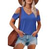 imageOFEEFAN Womens Tops Cold Shoulder Short Sleeve V Neck Tee Shirts Summer Spring Dressy Casual PlainPrintedPlain Blue