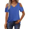 imageOFEEFAN Womens Tops Cold Shoulder Short Sleeve V Neck Tee Shirts Summer Spring Dressy Casual PlainPrintedPlain Blue