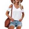 imageOFEEFAN Womens Tops Cold Shoulder Short Sleeve V Neck Tee Shirts Summer Spring Dressy Casual PlainPrintedPlain White