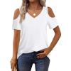 imageOFEEFAN Womens Tops Cold Shoulder Short Sleeve V Neck Tee Shirts Summer Spring Dressy Casual PlainPrintedPlain White