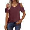 imageOFEEFAN Womens Tops Cold Shoulder Short Sleeve V Neck Tee Shirts Summer Spring Dressy Casual PlainPrintedPlain Winered
