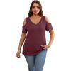 imageOFEEFAN Womens Tops Cold Shoulder Short Sleeve V Neck Tee Shirts Summer Spring Dressy Casual PlainPrintedPlain Winered