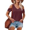 imageOFEEFAN Womens Tops Cold Shoulder Short Sleeve V Neck Tee Shirts Summer Spring Dressy Casual PlainPrintedPlain Winered