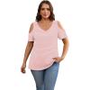 imageOFEEFAN Womens Tops Cold Shoulder Short Sleeve V Neck Tee Shirts Summer Spring Dressy Casual PlainPrintedStriped White Pink