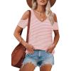 imageOFEEFAN Womens Tops Cold Shoulder Short Sleeve V Neck Tee Shirts Summer Spring Dressy Casual PlainPrintedStriped White Pink