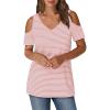 imageOFEEFAN Womens Tops Cold Shoulder Short Sleeve V Neck Tee Shirts Summer Spring Dressy Casual PlainPrintedStriped White Pink