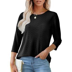 imageOFEEFAN 34 Length Sleeve Womens Tops Dressy Casual Spring Summer Round Neck Loose Fit Casual Eyelet Shirts0black