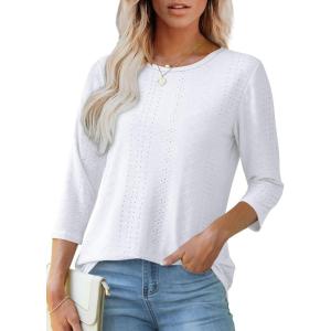 imageOFEEFAN 34 Length Sleeve Womens Tops Dressy Casual Spring Summer Round Neck Loose Fit Casual Eyelet Shirts0white