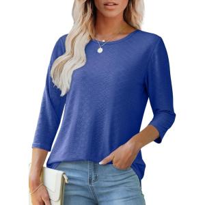 imageOFEEFAN 34 Length Sleeve Womens Tops Dressy Casual Spring Summer Round Neck Loose Fit Casual Eyelet ShirtsBlue