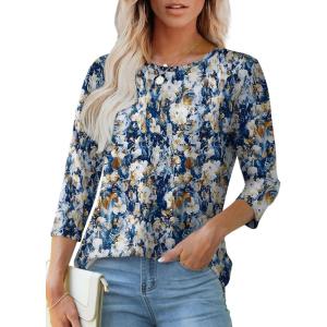 imageOFEEFAN 34 Length Sleeve Womens Tops Dressy Casual Spring Summer Round Neck Loose Fit Casual Eyelet ShirtsBlue Beige Floral