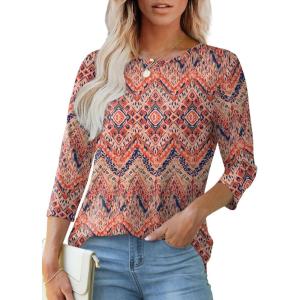 imageOFEEFAN 34 Length Sleeve Womens Tops Dressy Casual Spring Summer Round Neck Loose Fit Casual Eyelet ShirtsBohemia