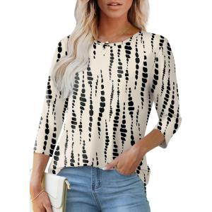 imageOFEEFAN 34 Length Sleeve Womens Tops Dressy Casual Spring Summer Round Neck Loose Fit Casual Eyelet ShirtsDark Spot