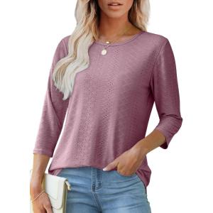 imageOFEEFAN 34 Length Sleeve Womens Tops Dressy Casual Spring Summer Round Neck Loose Fit Casual Eyelet ShirtsDusty Pink