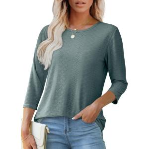 imageOFEEFAN 34 Length Sleeve Womens Tops Dressy Casual Spring Summer Round Neck Loose Fit Casual Eyelet ShirtsGreen