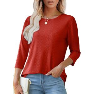 imageOFEEFAN 34 Length Sleeve Womens Tops Dressy Casual Spring Summer Round Neck Loose Fit Casual Eyelet ShirtsRed