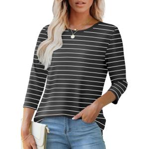 imageOFEEFAN 34 Length Sleeve Womens Tops Dressy Casual Spring Summer Round Neck Loose Fit Casual Eyelet ShirtsWhite Stripe