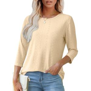 imageOFEEFAN 34 Length Sleeve Womens Tops Dressy Casual Spring Summer Round Neck Loose Fit Casual Eyelet ShirtsYellow