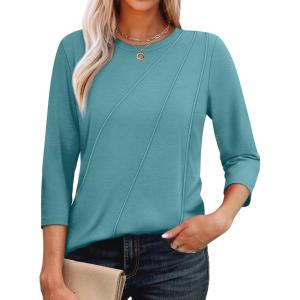 imageOFEEFAN 34 Length Sleeve Womens Tops Round Neck Blouses Dressy Casual Basic Pleated Shirts 2025Blue Green