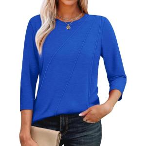 imageOFEEFAN 34 Length Sleeve Womens Tops Round Neck Blouses Dressy Casual Basic Pleated Shirts 2025Dark Blue