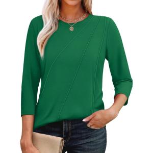 imageOFEEFAN 34 Length Sleeve Womens Tops Round Neck Blouses Dressy Casual Basic Pleated Shirts 2025Green
