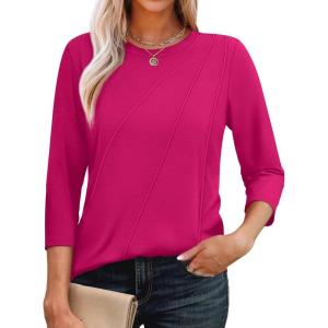 imageOFEEFAN 34 Length Sleeve Womens Tops Round Neck Blouses Dressy Casual Basic Pleated Shirts 2025Hot Pink