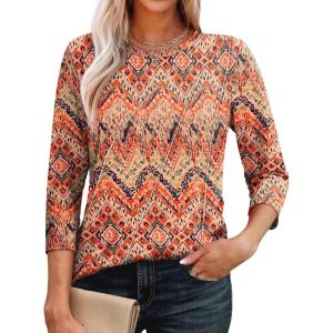 imageOFEEFAN 34 Length Sleeve Womens Tops Round Neck Blouses Dressy Casual Basic Pleated Shirts 2025Patternedboho Floral