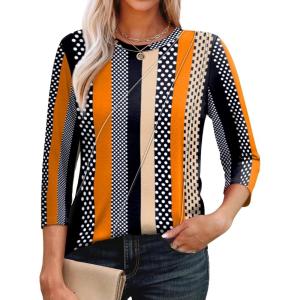 imageOFEEFAN 34 Length Sleeve Womens Tops Round Neck Blouses Dressy Casual Basic Pleated Shirts 2025Patternedkhaki Stripe