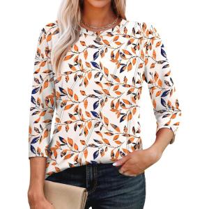 imageOFEEFAN 34 Length Sleeve Womens Tops Round Neck Blouses Dressy Casual Basic Pleated Shirts 2025Patternedleaf Printed