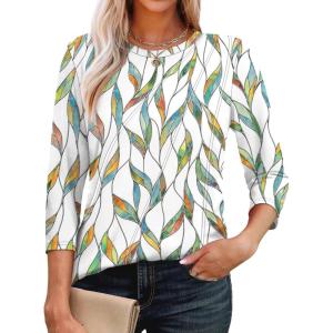 imageOFEEFAN 34 Length Sleeve Womens Tops Round Neck Blouses Dressy Casual Basic Pleated Shirts 2025Patternedwhite Print