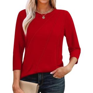 imageOFEEFAN 34 Length Sleeve Womens Tops Round Neck Blouses Dressy Casual Basic Pleated Shirts 2025Red