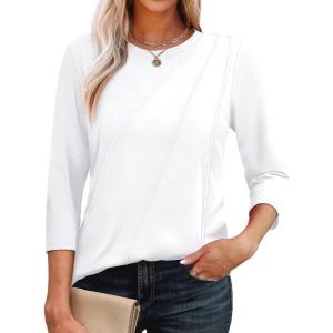 imageOFEEFAN 34 Length Sleeve Womens Tops Round Neck Blouses Dressy Casual Basic Pleated Shirts 2025White