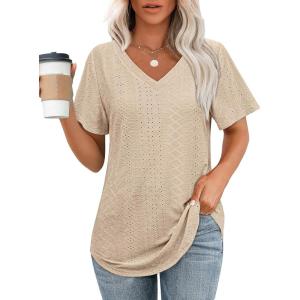 imageOFEEFAN Womens T Shirts V Neck Short Sleeve Casual Tops Loose Fit Basic Tees with Curved HemBeige