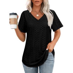 imageOFEEFAN Womens T Shirts V Neck Short Sleeve Casual Tops Loose Fit Basic Tees with Curved HemBlack