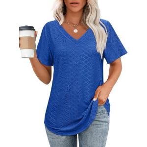 imageOFEEFAN Womens T Shirts V Neck Short Sleeve Casual Tops Loose Fit Basic Tees with Curved HemBlue