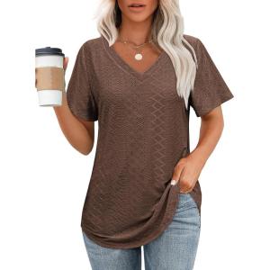 imageOFEEFAN Womens T Shirts V Neck Short Sleeve Casual Tops Loose Fit Basic Tees with Curved HemBrown