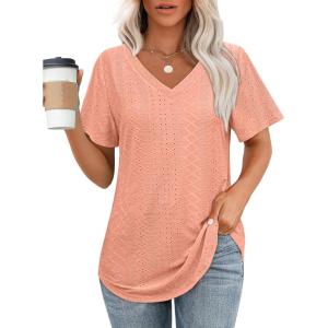imageOFEEFAN Womens T Shirts V Neck Short Sleeve Casual Tops Loose Fit Basic Tees with Curved HemCoral Pink