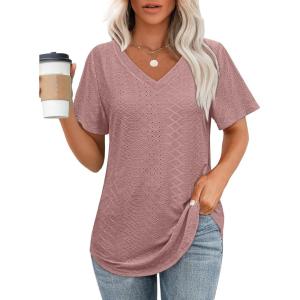 imageOFEEFAN Womens T Shirts V Neck Short Sleeve Casual Tops Loose Fit Basic Tees with Curved HemDark Pink Coral