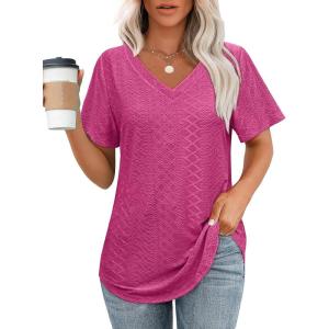 imageOFEEFAN Womens T Shirts V Neck Short Sleeve Casual Tops Loose Fit Basic Tees with Curved HemHot Pink