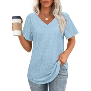 imageOFEEFAN Womens T Shirts V Neck Short Sleeve Casual Tops Loose Fit Basic Tees with Curved HemLight Blue