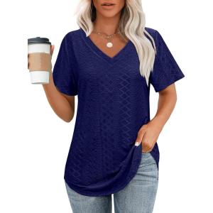 imageOFEEFAN Womens T Shirts V Neck Short Sleeve Casual Tops Loose Fit Basic Tees with Curved HemNavy Blue