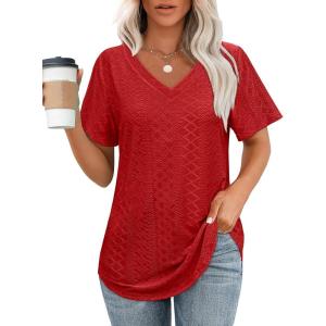 imageOFEEFAN Womens T Shirts V Neck Short Sleeve Casual Tops Loose Fit Basic Tees with Curved HemRed